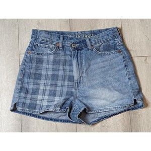 American Eagle Shorts Womens 00 Highest Rise Mom Short Denim Plaid Cross Angled